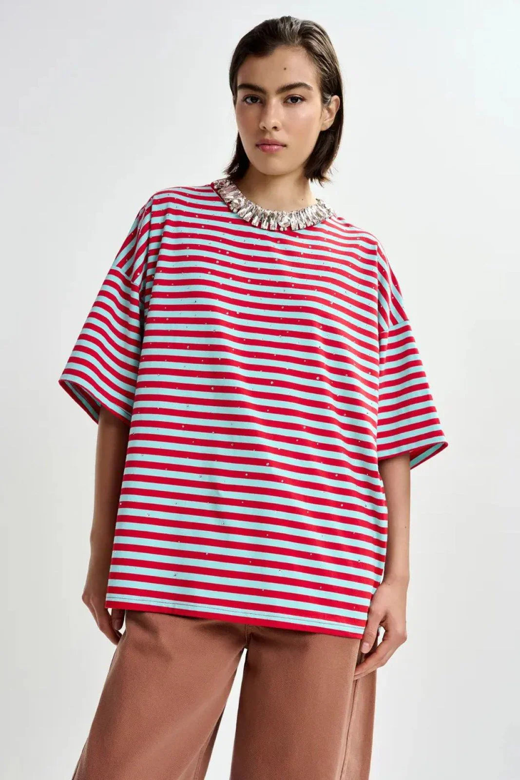Essentiel Antwerp Women's T-shirt - Striped T-Shirt W Strass - Red