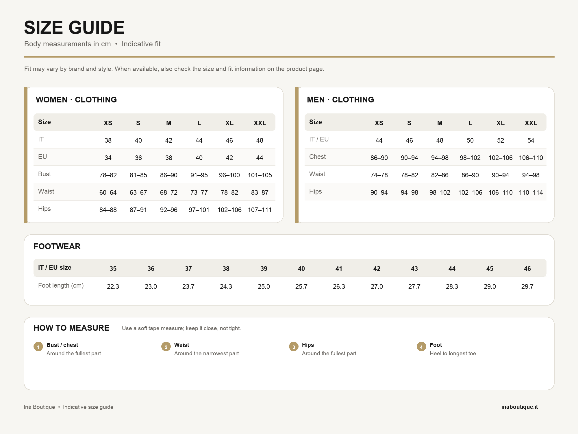 Inà Boutique size guide: women, men and footwear
